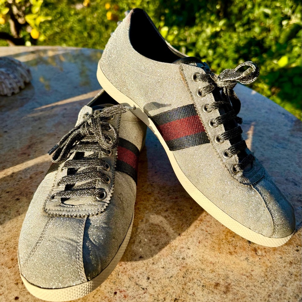Gucci Gray Sneakers with Red and Black Stripes